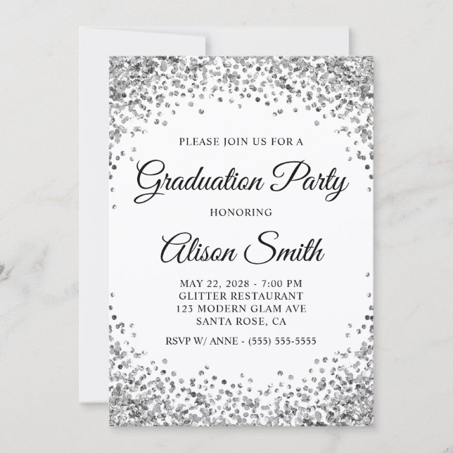 Invitation Silver Glitter Border White Graduation Party (Devant)