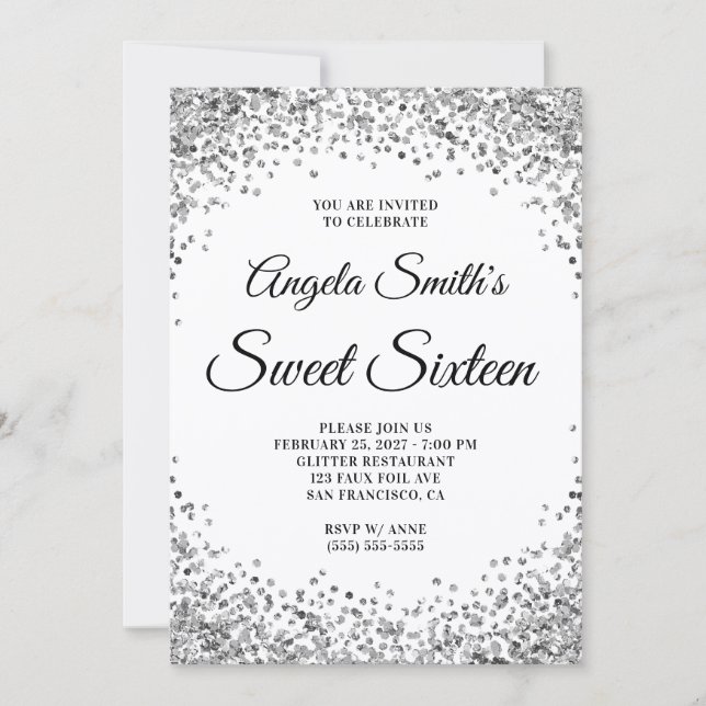 Invitation Silver Glitter Border White Sweet Sixteen (Devant)