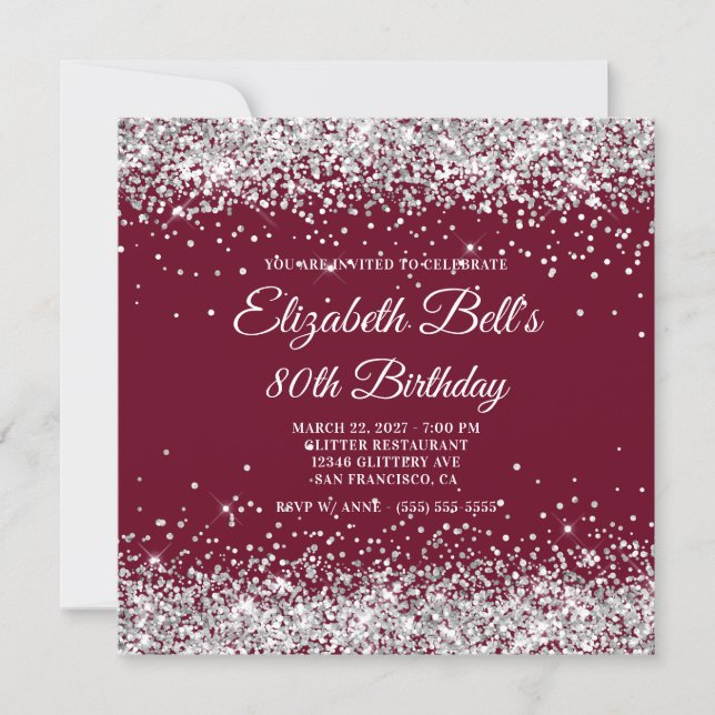 Invitation Silver Glitter Burgundy 80th Birthday (Devant)