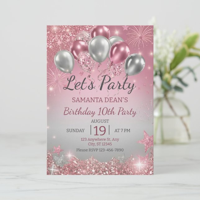 Invitation Silver Glitter Drips Balloons Birthday  (Debout devant)