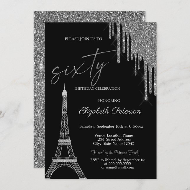 Invitation Silver Glitter Drips, Eiffel Tower 60t Birthday  (Devant / Derrière)