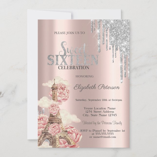 Invitation Silver Glitter Drips,Eiffel Tower Peonies Sweet 16 (Devant)