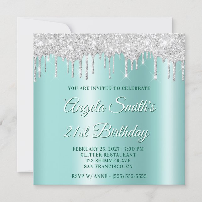 Invitation Silver Glitter Drips Light Teal Ombre Drop Shadow (Devant)