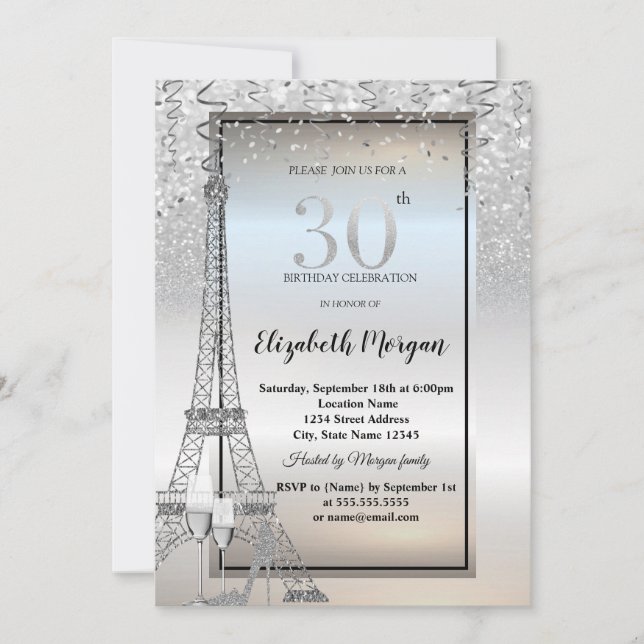 Invitation Silver Glitter Eiffel Tower,Glass,Heel 30th (Devant)