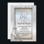 Invitation Silver Glitter Eiffel Tower,Glass,Heels 50th<br><div class="desc">Elegant silver wine glasses,  silver glitter high heels and Eiffel tower on silver glitter bokeh background.</div>