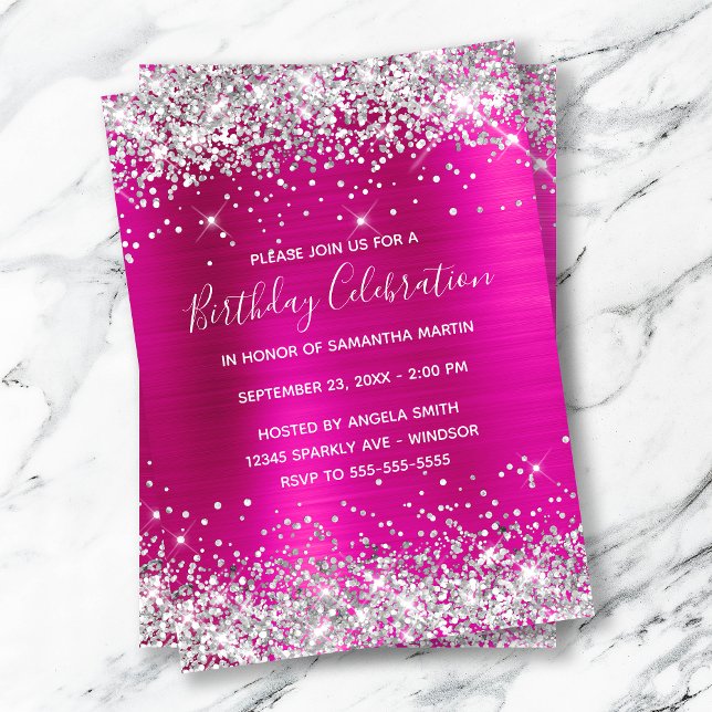 Invitation Silver Glitter Hot Pink Foil Birthday Celebration (Créateur téléchargé)