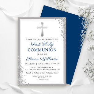 Invitation Silver Glitter Navy Blue First Holy Communion