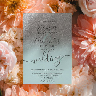 Invitation Silver glitter ombre sage green script wedding