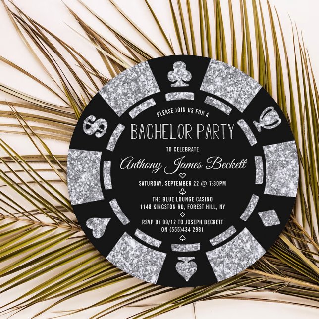 Invitation Silver Glitter Poker Chip Las Vegas Bachelor Party (Créateur téléchargé)