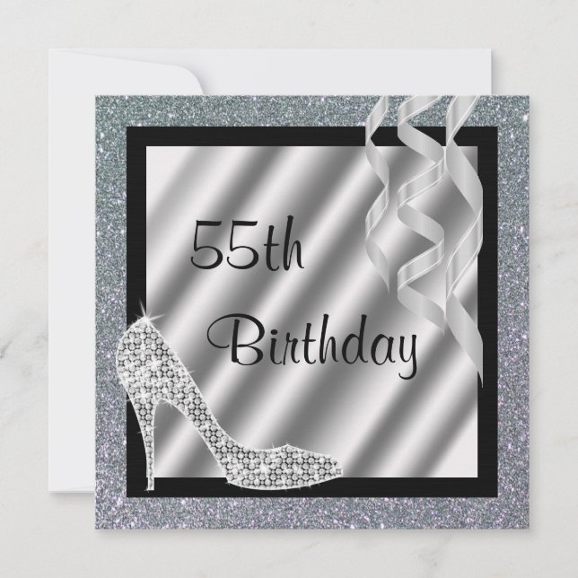 Invitation Silver Glittery Stiletto & Streamers 55e anniversa (Devant)