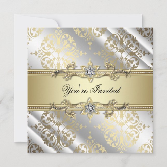 Invitation Silver Gold Damask Party (Devant)