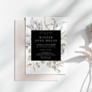 Invitation Silver Gold Floral Élégant Carré Open House