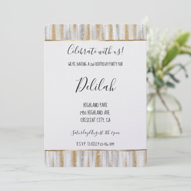 Invitation Silver Gold Glam Stripes Birthday (Debout devant)