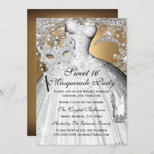 Invitation Silver Gold Princess Masquerade Sweet 16 Invitatio