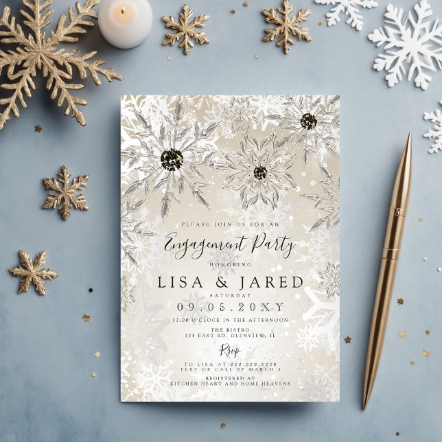 Invitation Silver Gold Snowflakes (Silver Gold Snowflakes Winter Engagement Party Invitation)