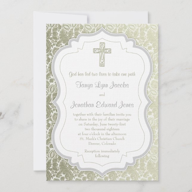 Invitation Silver Gold Vintage Damask Croix Mariage chrétien (Devant)