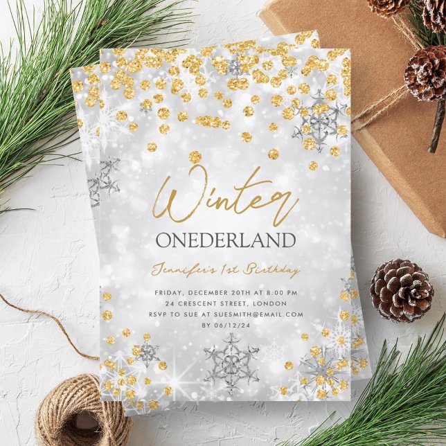 Invitation Silver Gold Winter ONEDERLAND Étincelle 1er annive (Silver Gold Winter ONEDERLAND Sparkle 1st Birthday Invitation)