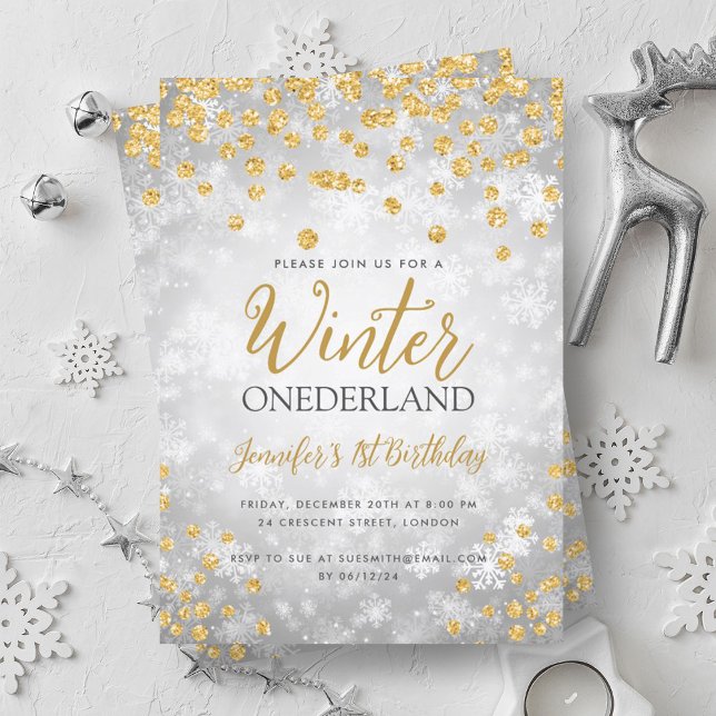 Invitation Silver Gold Winter ONEDERLAND Parties scintillant  (Silver Gold Winter ONEDERLAND Glitter 1st Birthday Invitation)