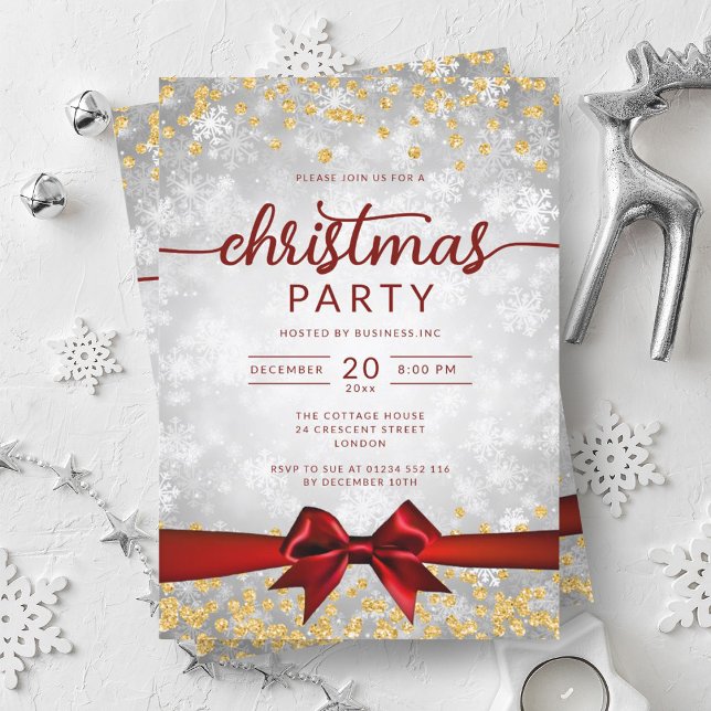 Invitation Silver Gold Winter Snowflakes Company Red Ribbon (Silver Gold Winter Snowflakes Company Red Ribbon Invitation)