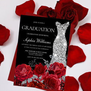 Invitation Silver Gown Red Roses Black Graduation Party Invit