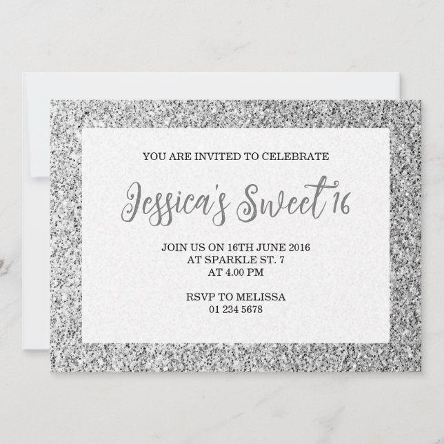 Invitation Silver gray scintille Sweet 16 élégant script (Devant)