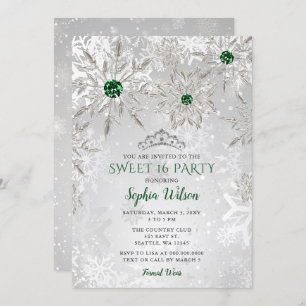 Invitation Silver Green Snowflake Princess Tiara Sweet 16