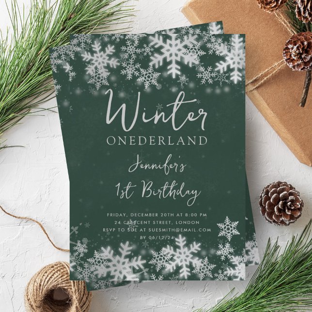 Invitation Silver Green Winter ONEDERLAND 1er anniversaire (Silver Green Winter ONEDERLAND 1st Birthday Invitation)