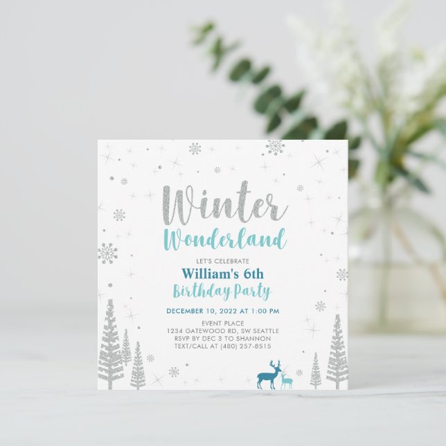 Invitation Silver, Green Winter Wonderland Boy Birthday Party (Debout devant)
