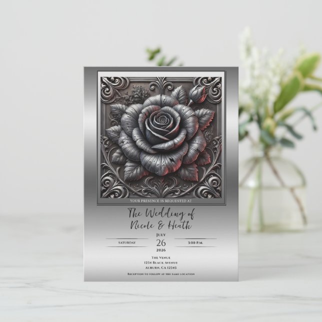 Invitation Silver Grey & Black Rose Élégant Mariage gothique (Debout devant)