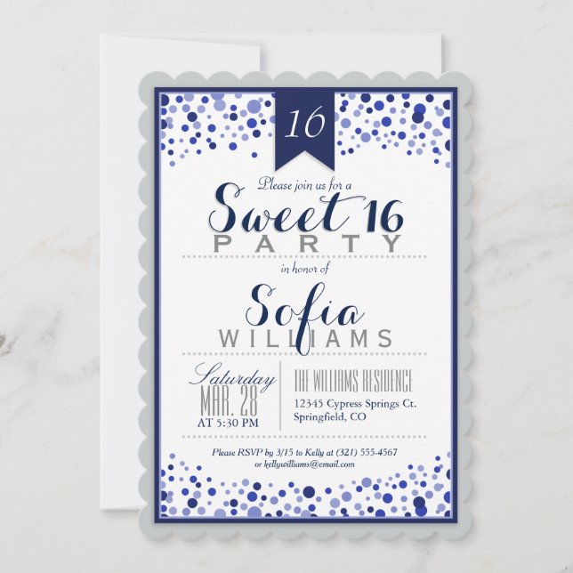 Invitation Silver Grey, Blanc, Navy Blue Sweet 16 Party (Devant)