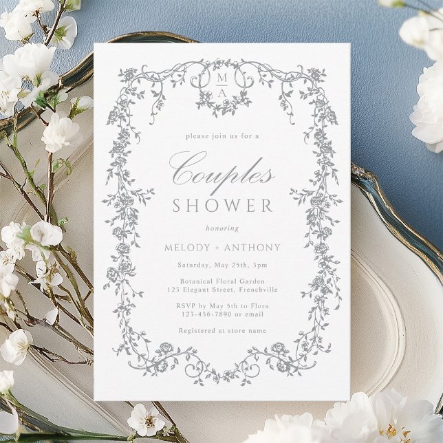 Invitation Silver Grey Classique Français Floral Couples Douc (Créateur téléchargé)