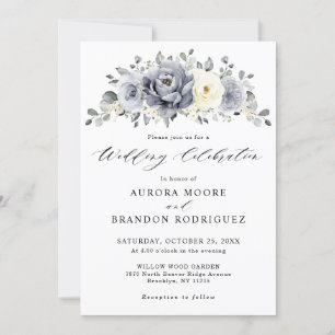 Invitation Silver Grey Ivory Floral hiver Rustique Mariage