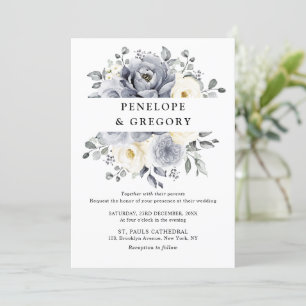 Invitation Silver Grey Ivory Floral hiver Rustique Mariage