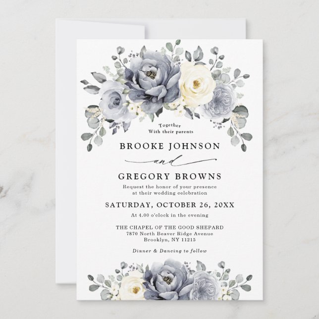 Invitation Silver Grey Ivory Floral hiver Rustique Mariage (Devant)