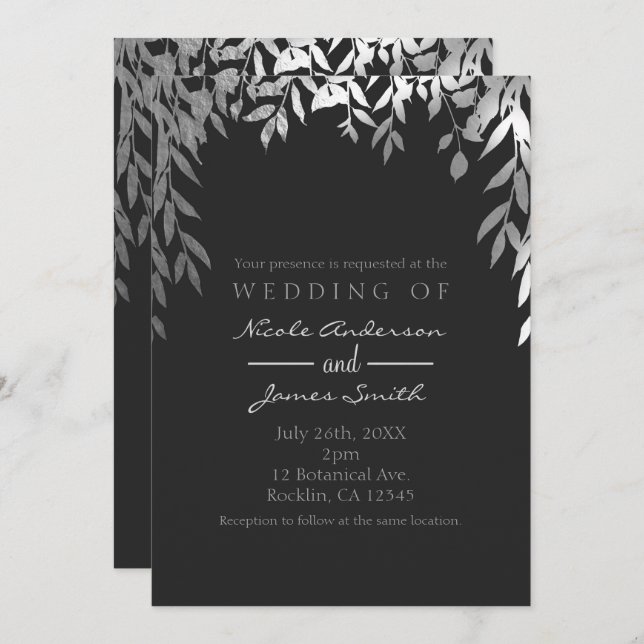 Invitation Silver & Grey Moderne Glam Botanique Feuille Maria (Devant / Derrière)