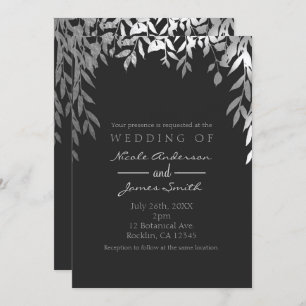 Invitation Silver & Grey Moderne Glam Botanique Feuille Maria
