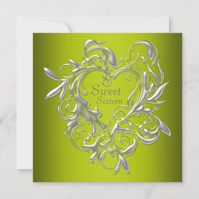 Invitation Silver Heart Sage Green Sweet sixteen Anniversaire (Devant)