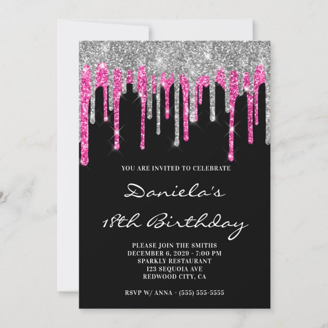 Invitation Silver Hot Pink Glitter Drips Black 18th Birthday (Devant)