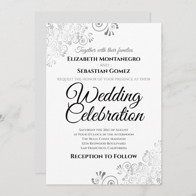 Invitation Silver Lacy Filigree Floral Simple mariage élégant (Devant / Derrière)