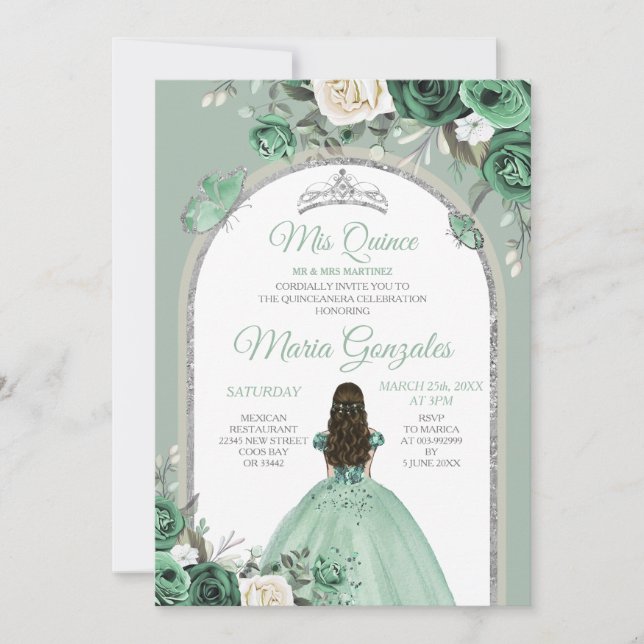 Invitation Silver Mis Quince Dusty Green Floral Quinceañera (Devant)