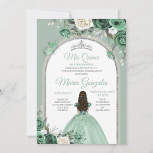 Invitation Silver Mis Quince Dusty Green Floral Quinceañera