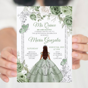 Invitation Silver Mis Quince Sage Vert Floral Quinceañera