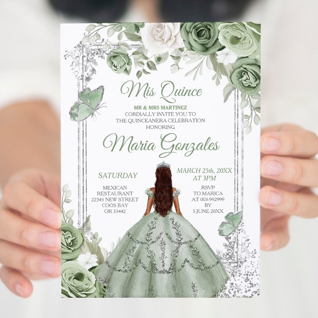 Invitation Silver Mis Quince Sage Vert Floral Quinceañera (Créateur téléchargé)