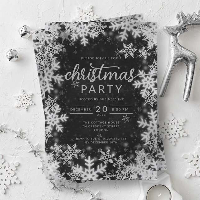 Invitation Silver moderne Black Snowflakes Société Noël (Modern Silver Black Snowflakes Company Christmas Invitation)