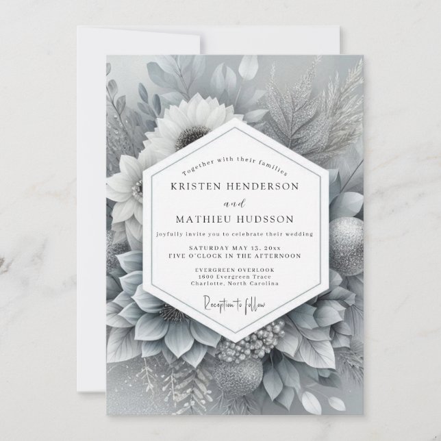 Invitation Silver Monochromatic Bloom Wedding (Devant)