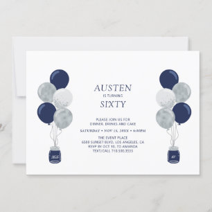 Invitation Silver & Navy Balloon moderne Adulte fête d'annive