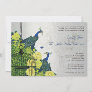 Invitation Silver Navy bleu Jaune Vintage Peacock Birdcage