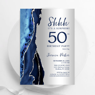 Invitation Silver Navy Blue Agate Surprise 50e anniversaire