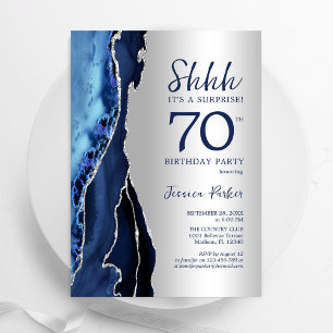 Invitation Silver Navy Blue Agate Surprise 70e anniversaire