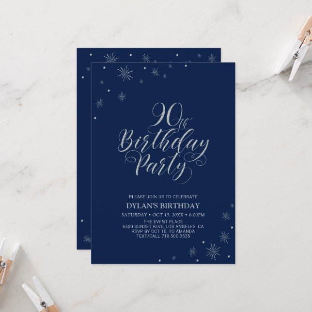 Invitation Silver & Navy Blue Sparkle 90e anniversaire de la  (Devant/Arrière en situation)